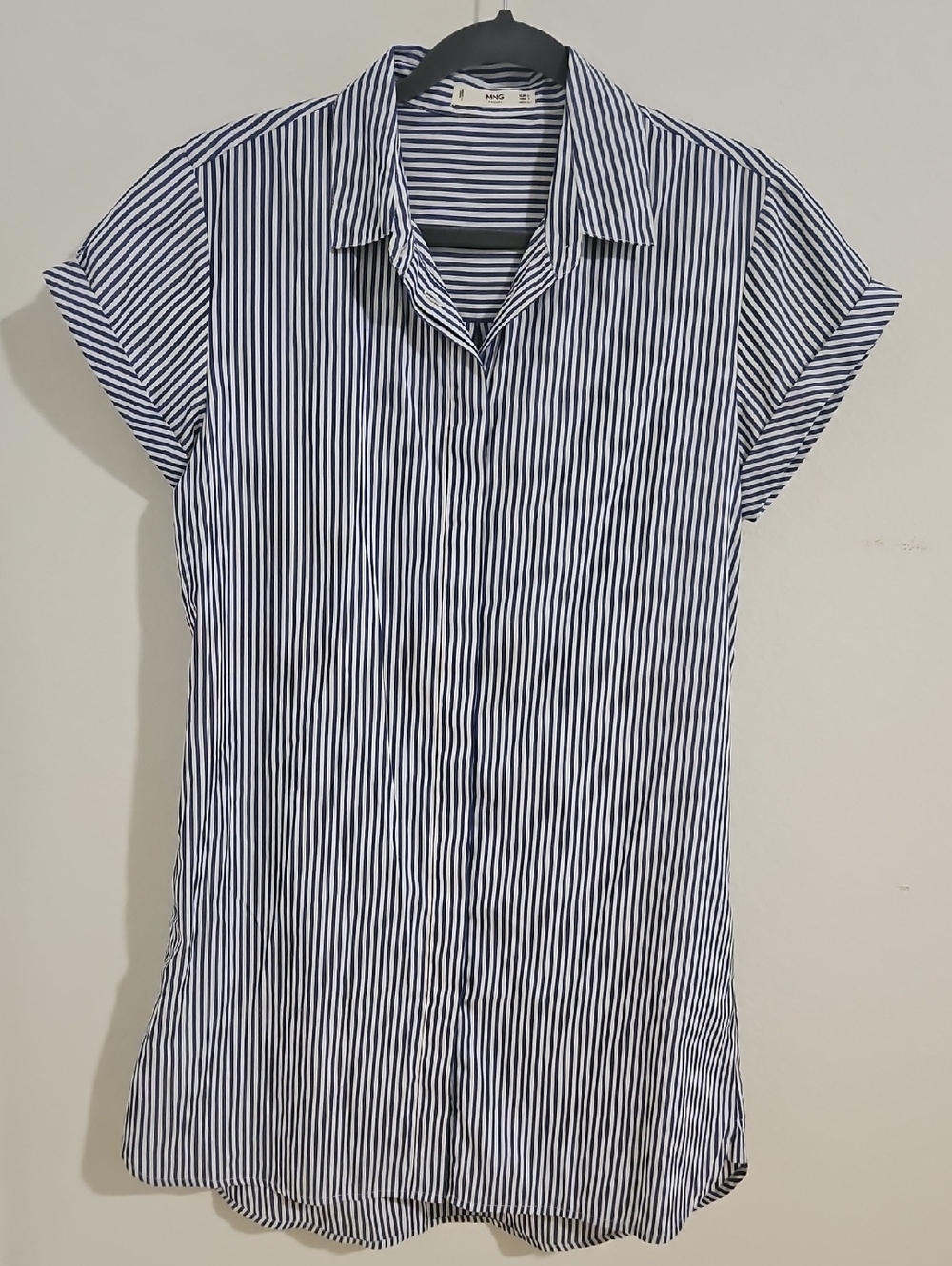 Mango Navy and White Vertical-Stripe Shirt Dress